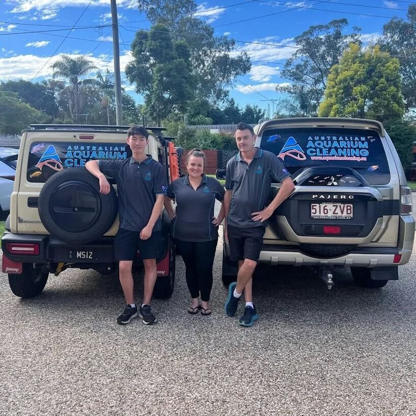 Three people in matching uniforms stand between two suvs with "australian aquarium cleaning" signs, ready for expert aquarium maintenance. They’re outdoors in a sunny parking lot, with trees and a blue sky in the background.