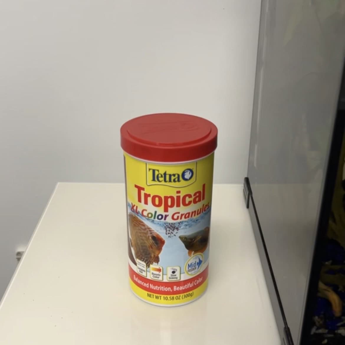 A container of tetra tropical xl color granules fish food with a red lid sits on a white surface next to a fish tank, reminding aquarists that proper aquarium maintenance is key for healthy, vibrant fish. The label features images of fish and colorful graphics.