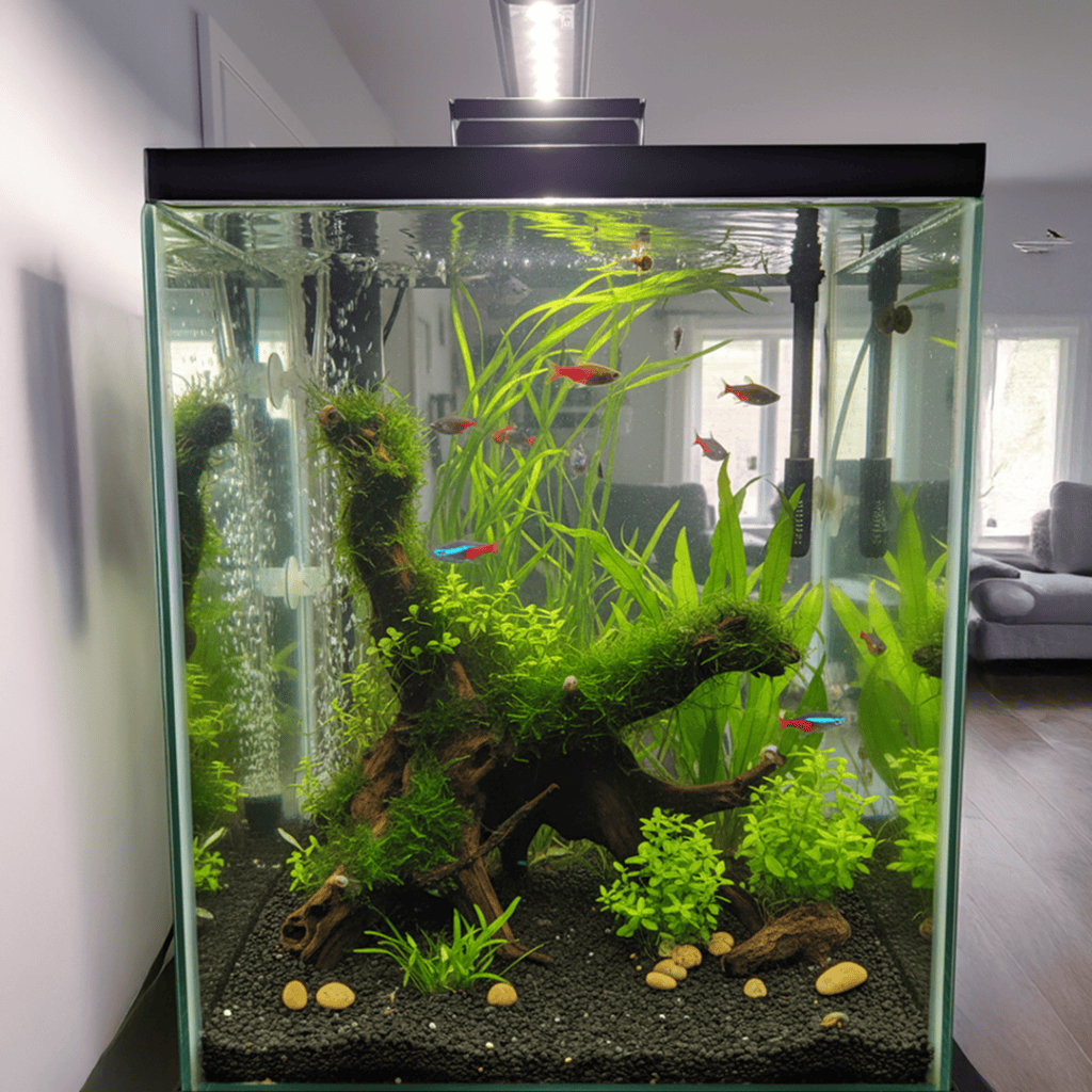 A freshwater aquarium with green plants, mossy driftwood, colorful fish, and black gravel shines in a bright living room—regular aquarium maintenance keeps this tank vibrant and avoids the top 5 aquarium cleaning mistakes.