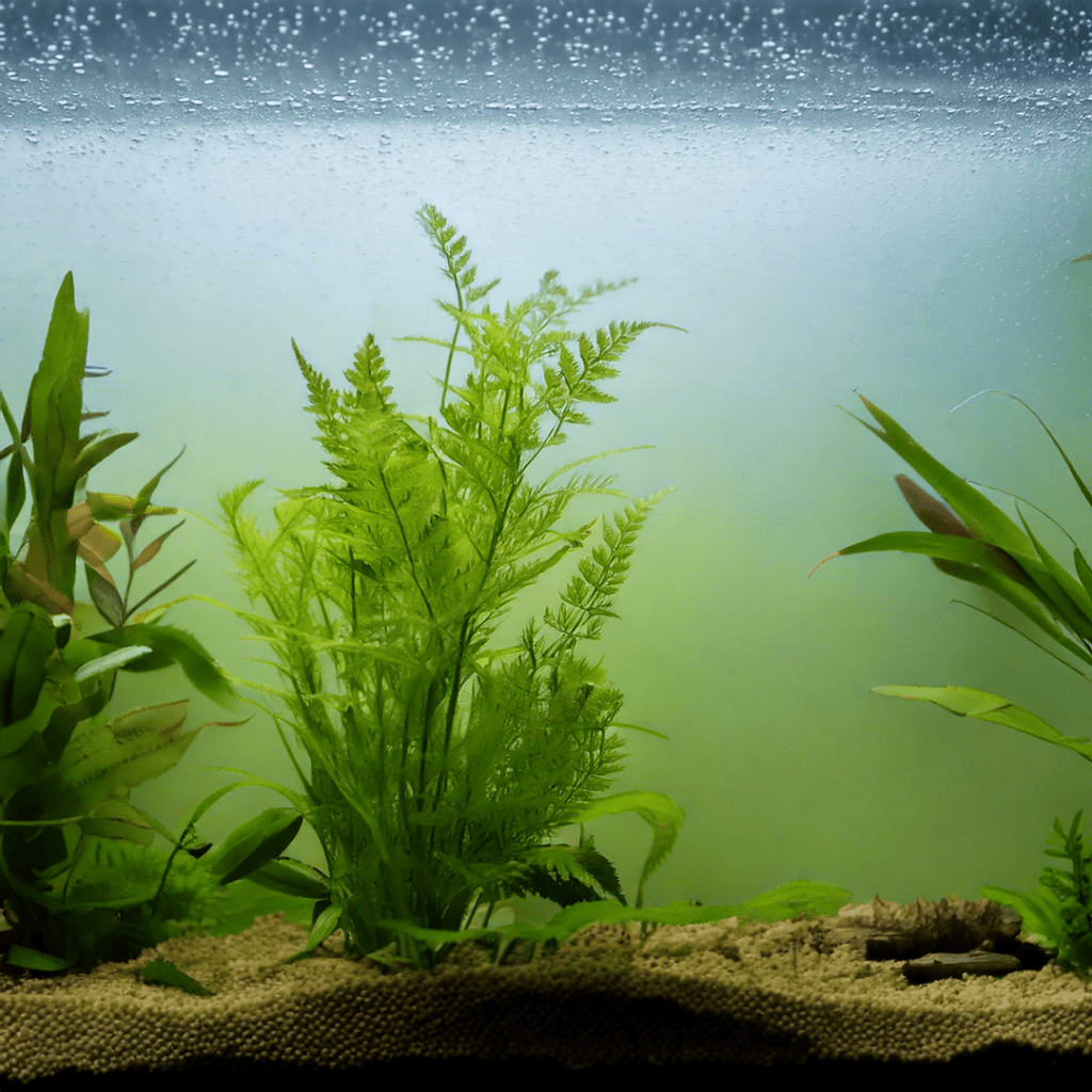 An aquarium with green aquatic plants, sandy substrate, and a few rocks highlights the importance of regular aquarium maintenance. The background is slightly foggy, with bubbles lining the top edge—perfect for learning about top 5 aquarium cleaning mistakes.