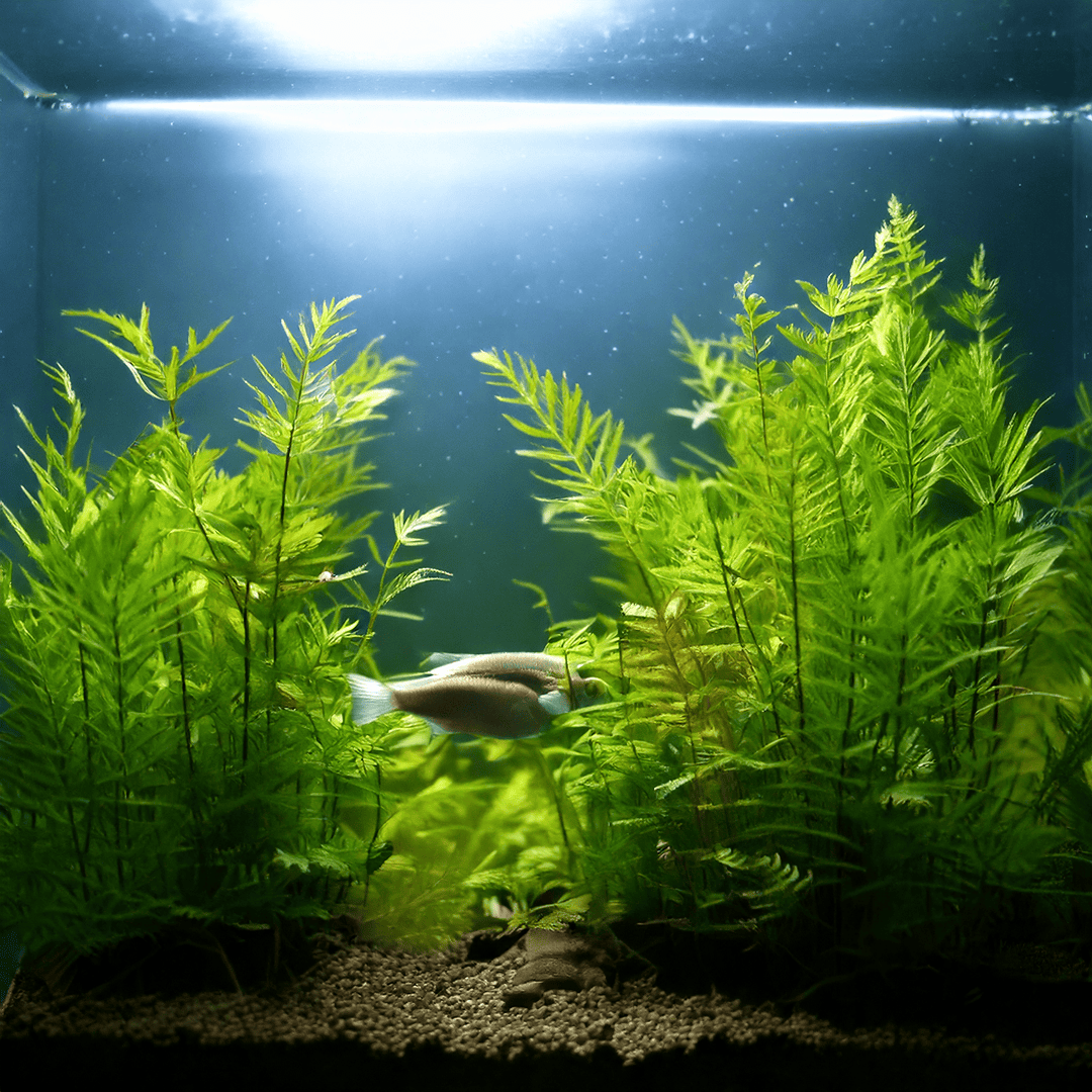 A brightly lit aquarium with green aquatic plants, gravel at the bottom, and two small silver fish swimming near the center amid the foliage—a perfect example of regular aquarium maintenance for healthy fish and a thriving tank.