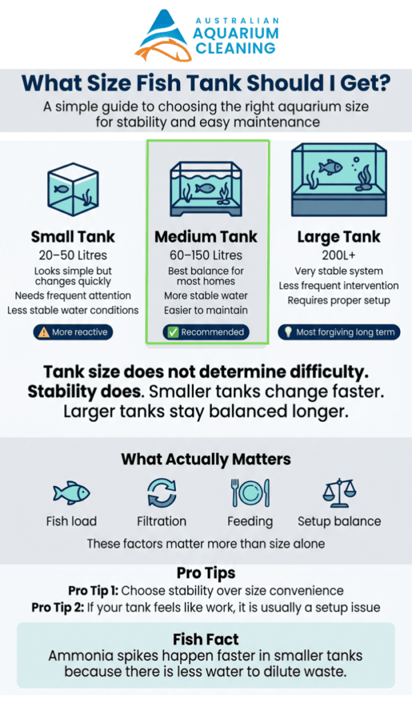 What Size Fish Tank Should I Get? A Practical Guide to Choosing the Right Aquarium 3 An infographic titled "what size fish tank should i get? " compares small, medium, and large tanks. It gives pros, cons, and tips, emphasizing stability in larger tanks and offering advice on setup and maintenance.