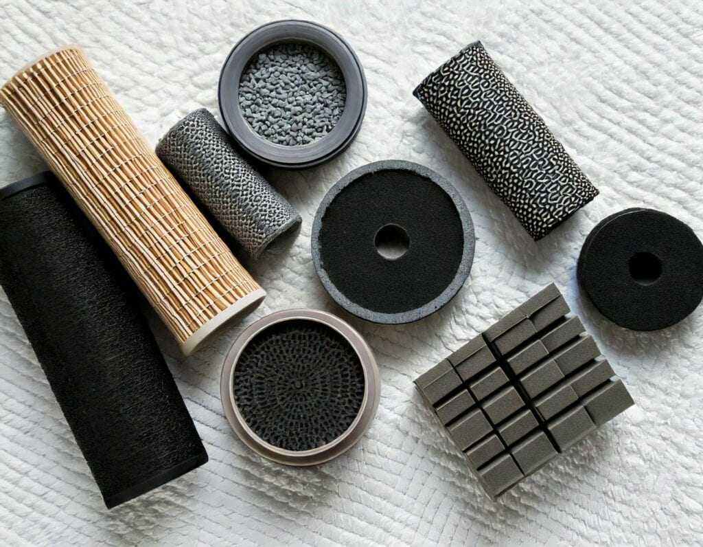 How to Clean an Aquarium Filter Safely Without Making Your Water Go Cloudy 3 Assorted cylindrical and rectangular aquarium water filter cartridges with various textures and materials are arranged on a white textured surface, ideal for clearing cloudy aquarium water and supporting beneficial bacteria.