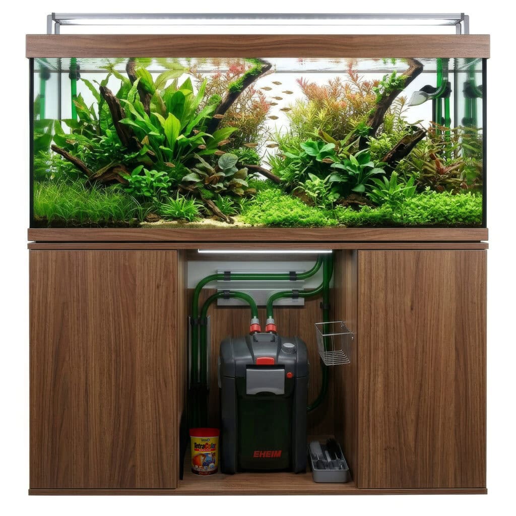 How to Clean an Aquarium Filter Safely Without Making Your Water Go Cloudy 1 A planted aquarium with lush green aquatic plants and fish sits on a wooden cabinet. Below, cabinet doors are open, showing an external canister filter and supplies for aquarium filter cleaning and maintaining healthy beneficial bacteria.