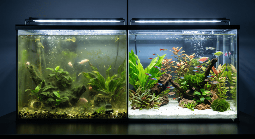 Side-by-side fish tanks: the left tank is murky with algae and fewer fish, illustrating what can happen when you’re left wondering, “why does my fish tank keep getting algae?”; the right tank is clean, brightly lit, with clear water, colorful fish, and lush green aquatic plants.