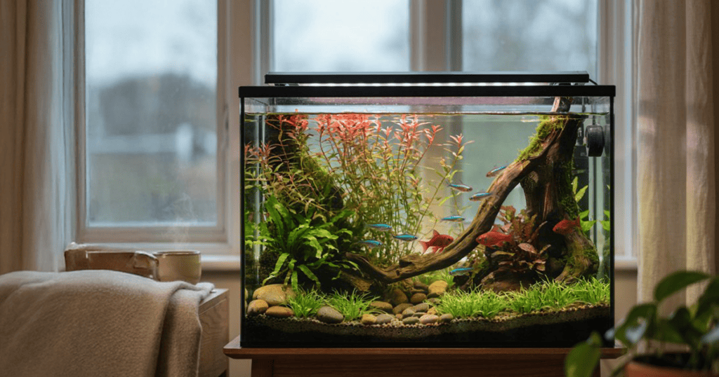 A home aquarium with green plants, rocks, driftwood, and colorful fish sits on a table in front of a winter sunlit window, creating a peaceful indoor scene, an inviting example of winter aquarium care in Brisbane to help your aquatic life thrive during the cooler months.