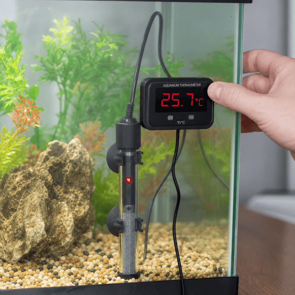 A hand adjusts an aquarium thermometer showing 25. 7°c on a fish tank with gravel, rocks, plants, and a heater attached to the glass, an essential step in winter aquarium care to ensure your aquatic pets stay healthy and comfortable as temperatures drop.